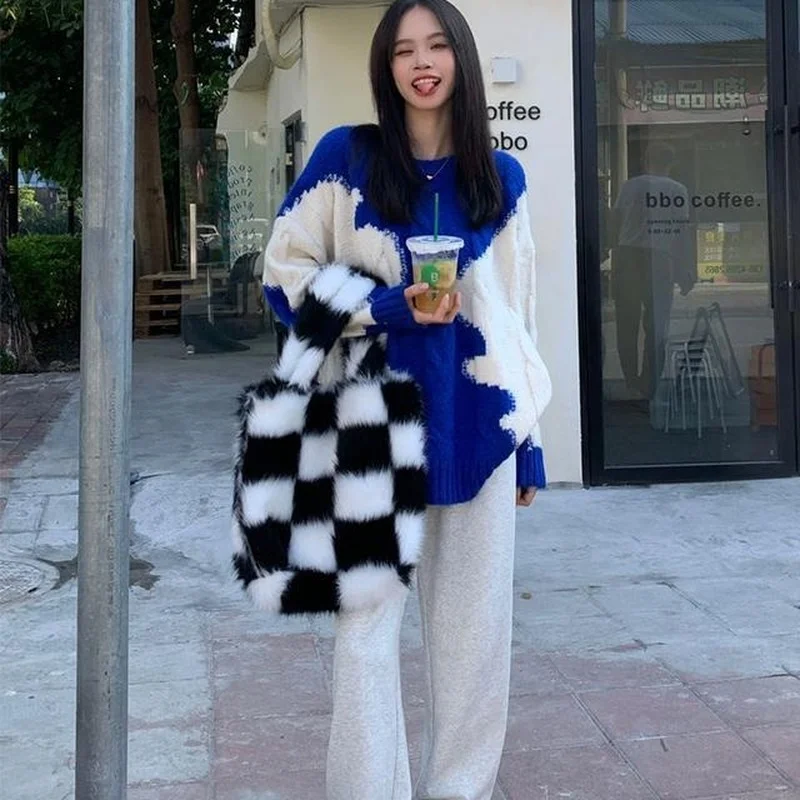 

Trendy Plus Velvet Thick Warm Jacket Hit Color Twist Pullover All-match Casual Fashion Japanese Lazy Style Loose Simple Sweater