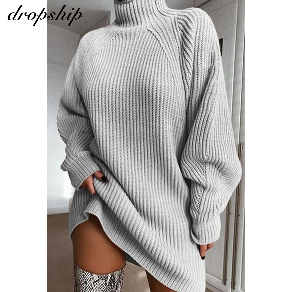 Dropship Turtleneck Long Sleeve Sweater Dress Women Autumn Winter Loose Knitted Casual Pink Gray Clothes Solid Dresses Warm Top | Женская