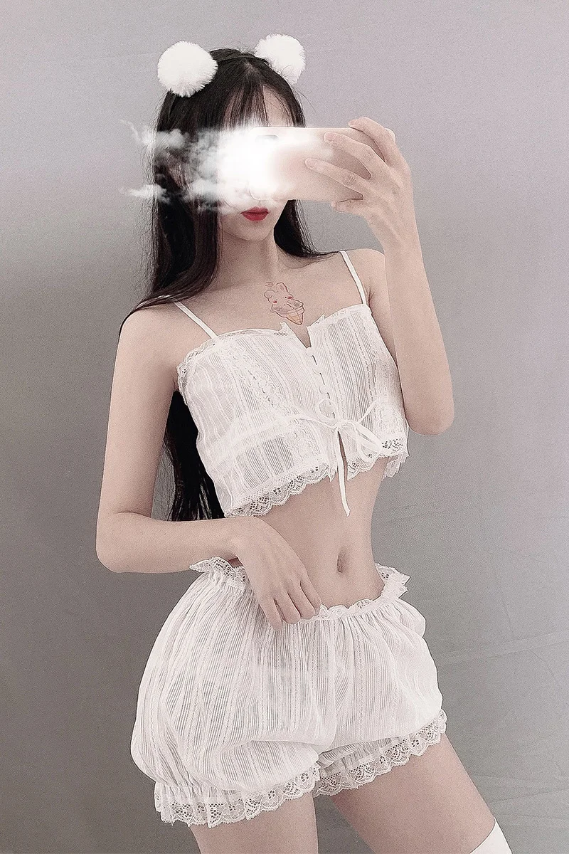 

Ruffle Underwear Nightwear Pyjama Femme Pijamas Sexy Lingerie Set White Pijama Palace Lantern Pants Suspender Split Pajamas