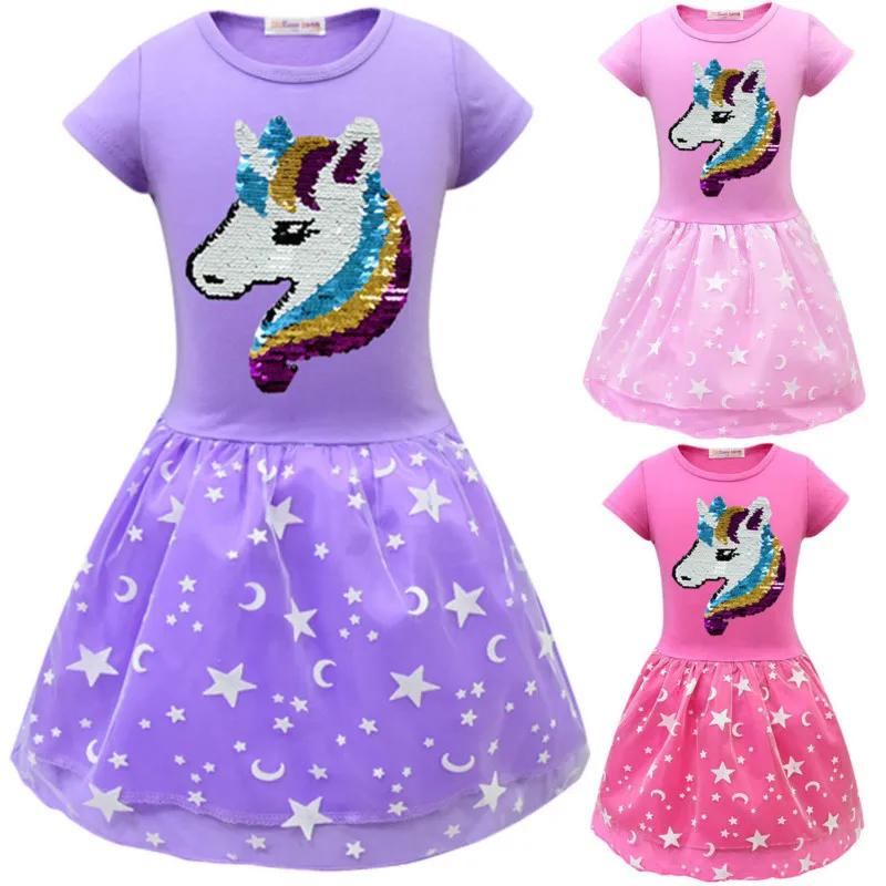 

New Girls Unicorn Pleated Dress 3-10 Years Old Children's Sequins Cartoon Stars Moon Pattern Girl Clothing Frock C26638CH