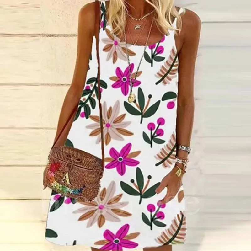 

Women Elegant Square Collar Beach Dress 2021 Spring Floral Print A-Line Party Dress Summer Lady Sleeveless Spaghetti Strap Dress