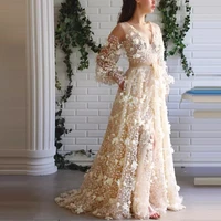 womens long tulle formal evening dresses v neck full sleeves lace appliques prom party gowns luxury floor length female robe