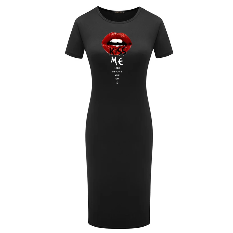 

Sexy Dress Women Bodycon Lips Letter Print Short Sleeve Vintage Summer Party Pencil Dress Vintage Robes 2021 Fashion