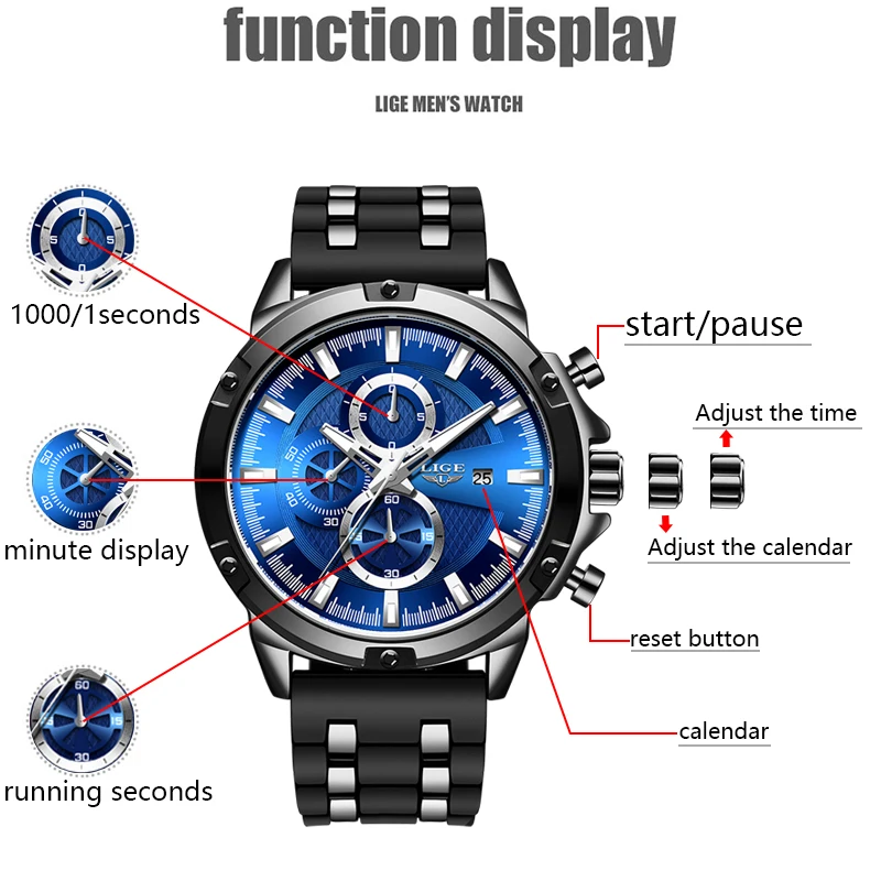 top luxury brand lige chronograph mens watches hot new fashion military sports waterproof silicagel wristwatch relogio masculino free global shipping