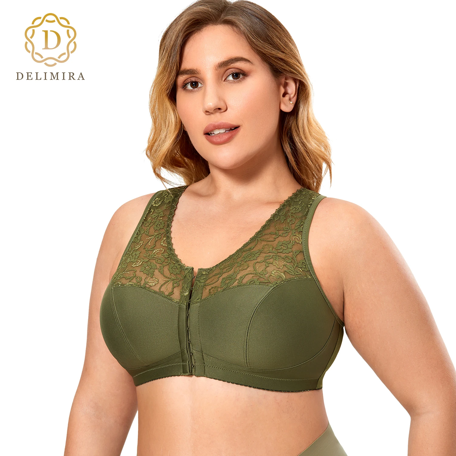 

Delimira Women's Full Coverage Wirefree Floral Lace Front Closure Bra Racerback Plus Size