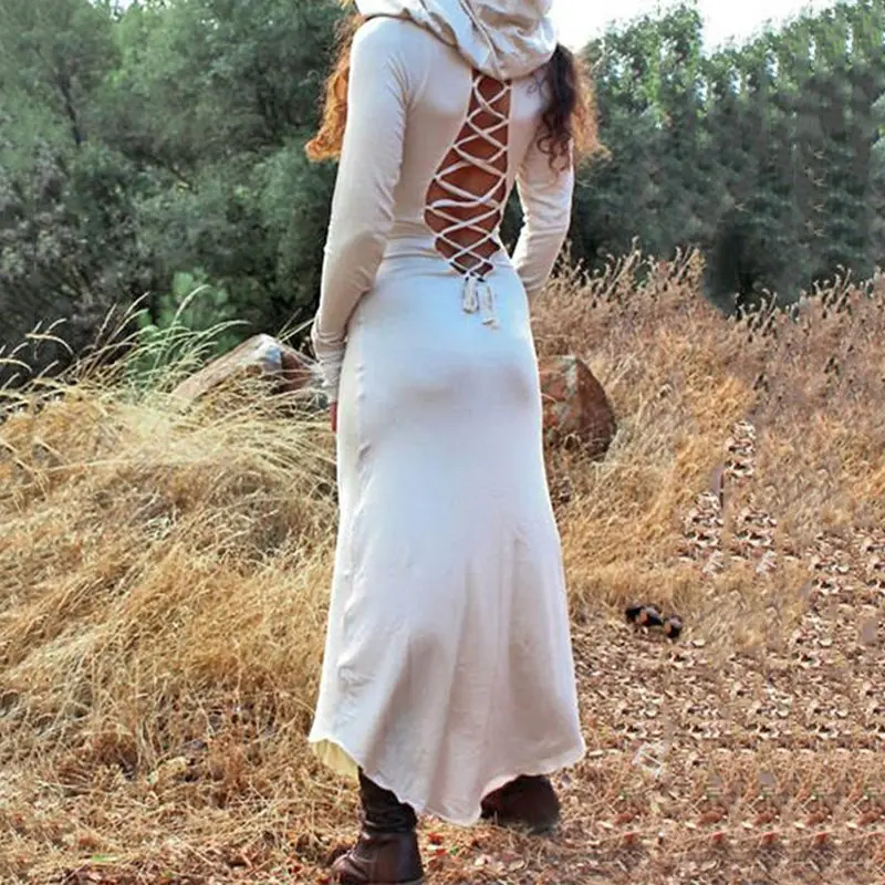 Женское платье в стиле ретро готическое с капюшоном на повязке длинным рукавом