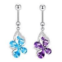 luxury 925 sterling silver flowers belly button ring purple blue cubic zirconia navel barbell stud body piercing 6 8 10 12 14 mm