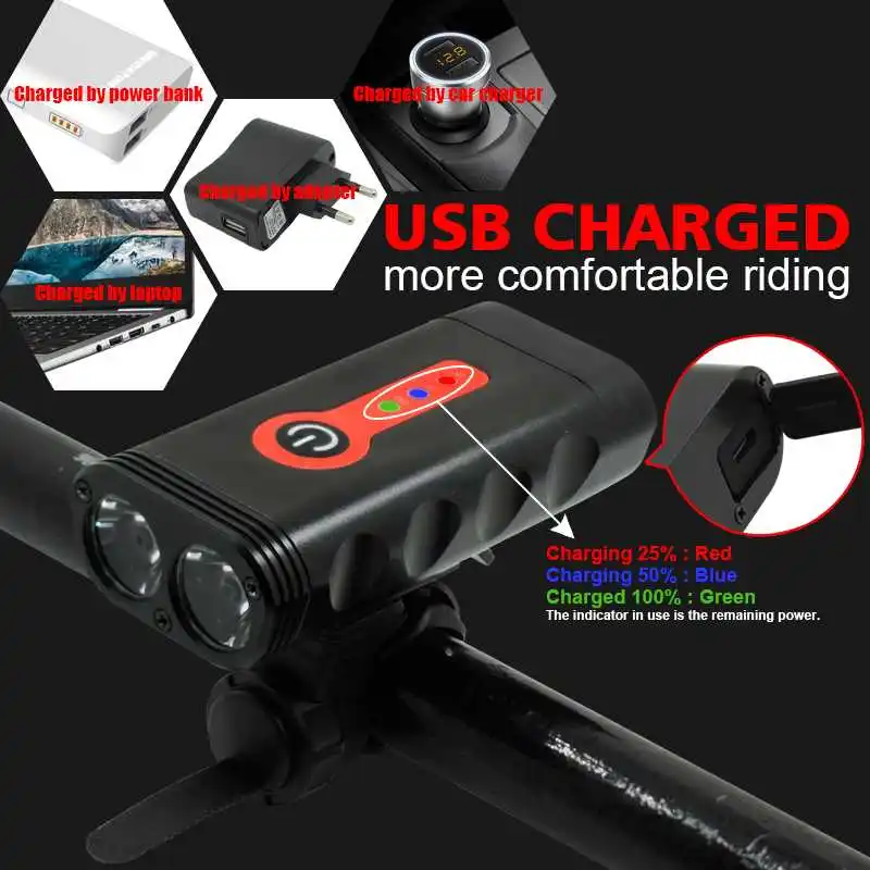XML T6 LED Bicycle Light 1800LM USB Rechargeable Bike Front Lights Waterproof 5 Modes Cycling Road MTB Headlight Head Lamp | Спорт и