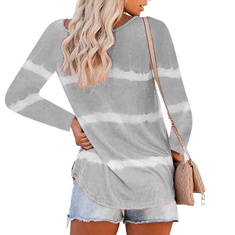 

New Autumn European And American Cross-border Women's Clothing Hot Sale Tie-dye Printed Button Long-sleeved T-shirt Women