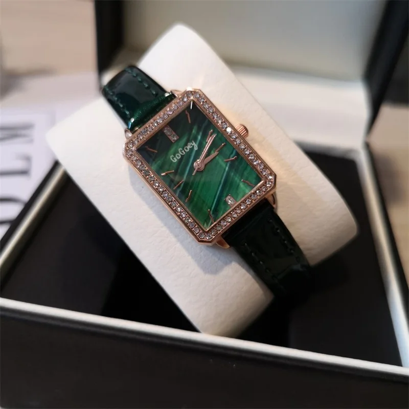 

Women Fashion Green Watches Diamond Luxury Ladies Wristwatches With Leather Band Rectangle Casual Woman Quartz Clock Gifts