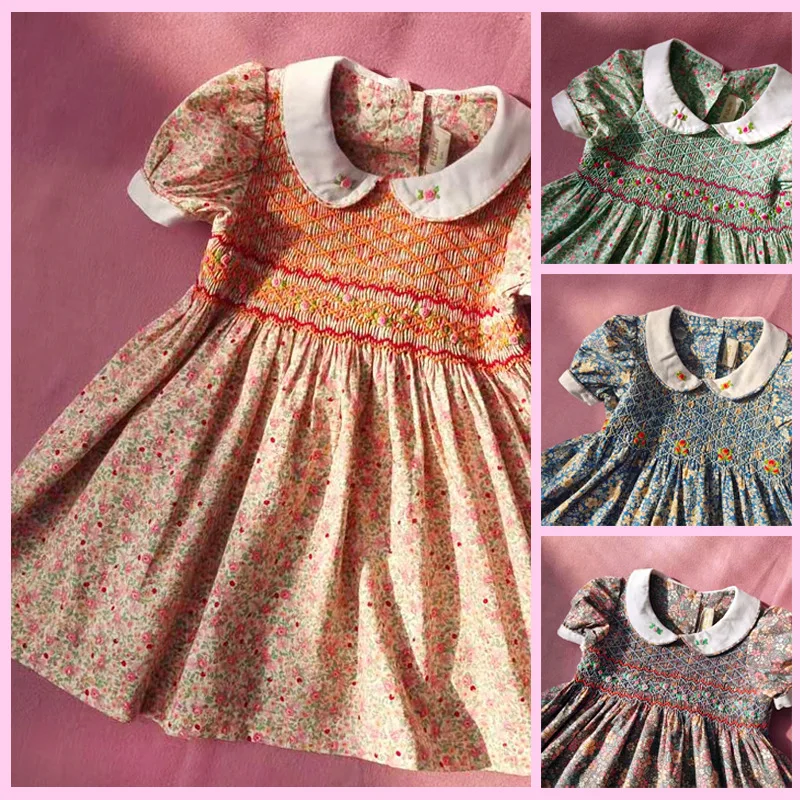 

Kids Smocked Floral Dress for Girls 2021 Summer Baby Girls Smock Frocks Spanish Vintage Children Girls Princess Smocking Dresses