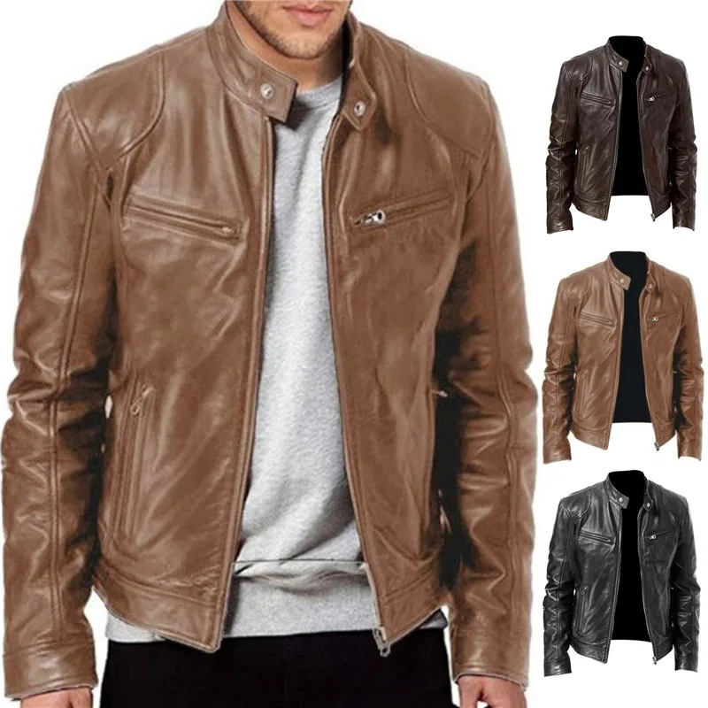

Мужская модная кожаная куртка, облегающая куртка из искусственной кожи с воротником-стойкой, Мужская мотоциклетная куртка с защитой от вет...