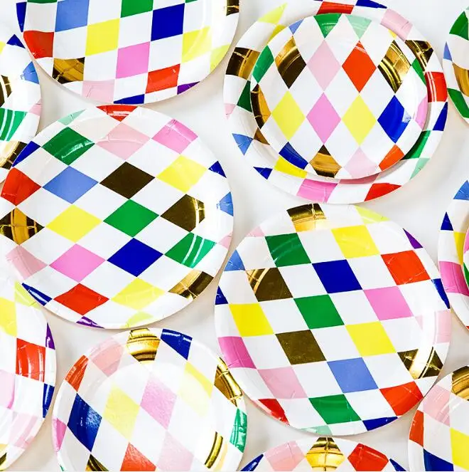 

Rhombus Paper Cups Plates Tableware Disposable Set Colorful Festival Fiestar Party Dish Drink Cup Xmas Classic Ins Fashion Favor
