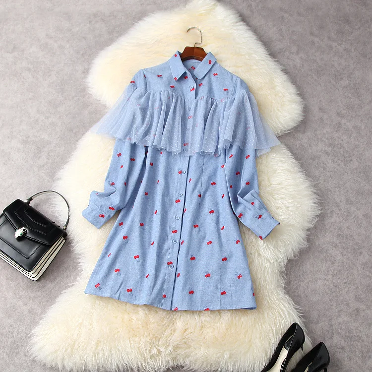 

European and American women's clothing spring 2021 new Fashionously embroidered denim dress with long sleeves and lapels