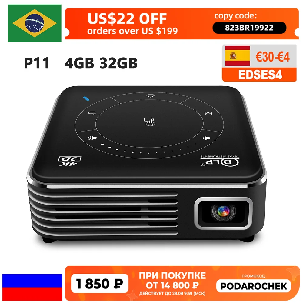 Проектор DLP P11 4K Android 9 0 DDR4 4 Гб 32 ГБ|Домашний кинотеатр| - Цена: 19 327,60 руб.