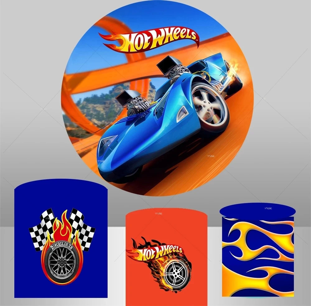 

Cartoon Racing Car Round Photography Backdrop Boys Birthday Cake Table Photo Background Circle Cover Vinyl Photo Booth Props