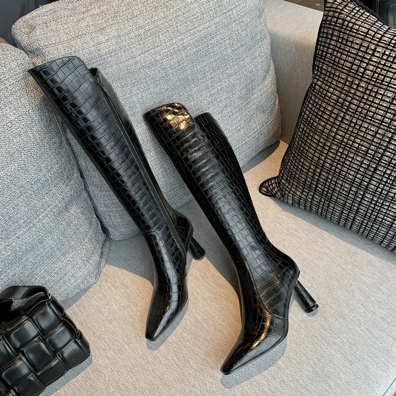

Women Boots Euro Style Genuine Leather Thin high Heels Women Knee High Boots Female Sexy Boots Party Night Club Shoes Woman