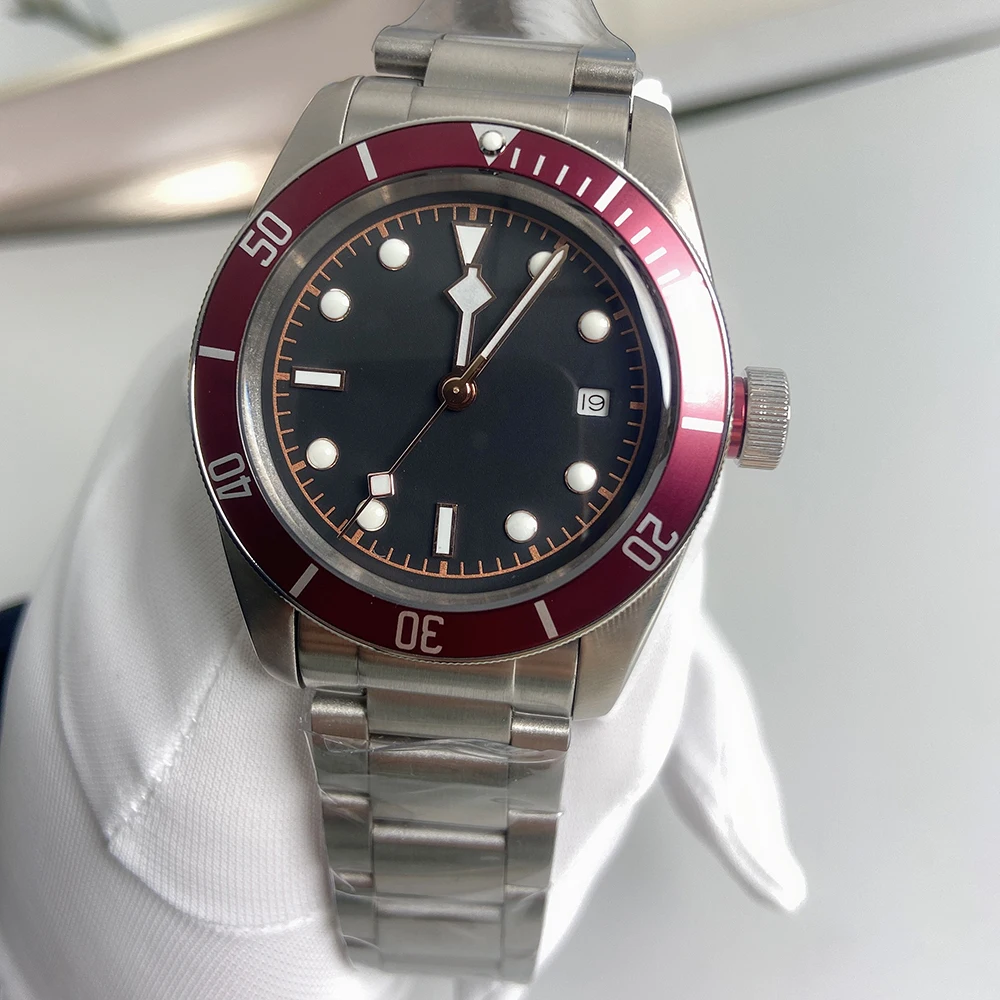 

Новинка Мужские автоматические механические часы с красной рамкой из нержавеющей стали 316 чехол из минерального стекла водонепроницаемые ...