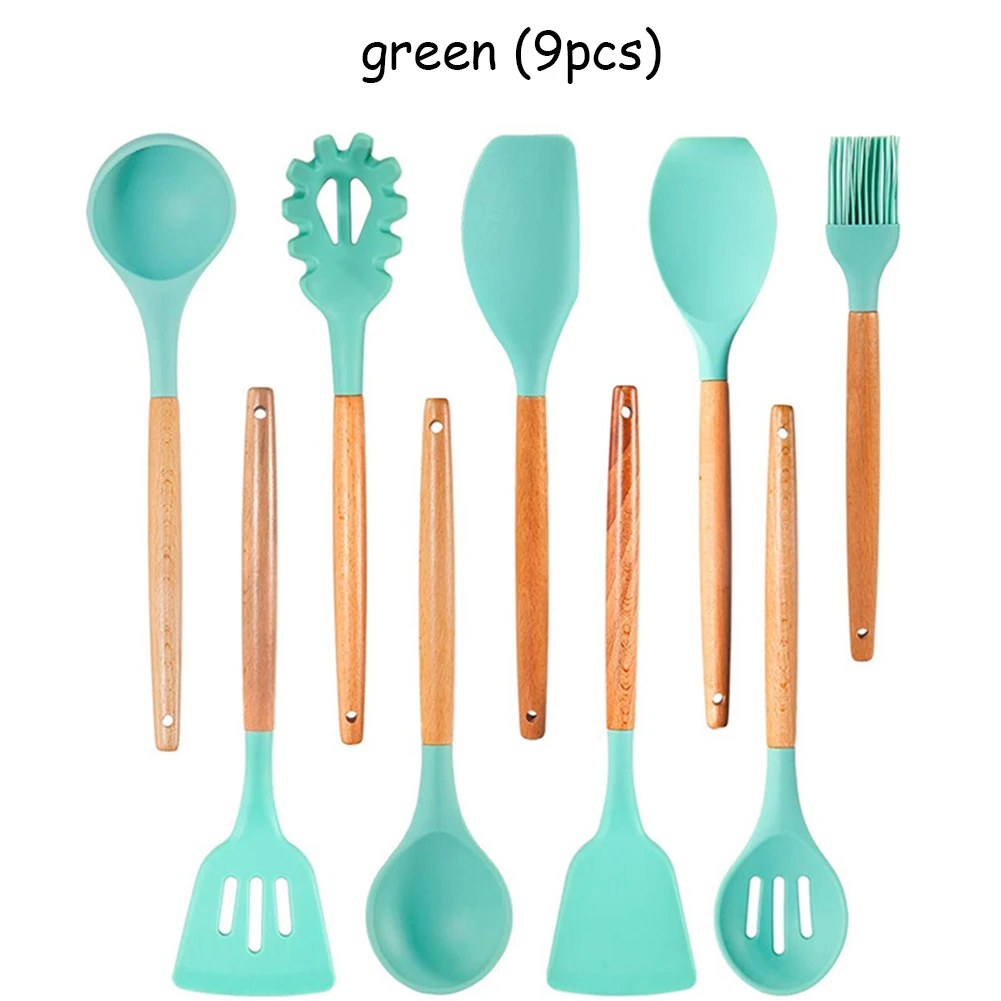Light Green 9Pcs 9/10/12 Pcs Silicone Cooking Tools Kitchen Utensils Set Bamboo Handles Cooking Tool None Toxic Kitchen Gadgets Nonstick Cookware - Цвет: Light Green 9Pcs