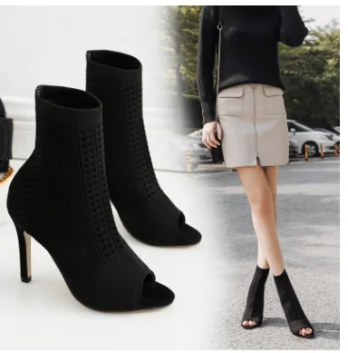 

Ботильоны женские вязаные, открытый носок, высокий каблук, дышащие, полусапожки, повседневная женская обувь, сапоги-носки