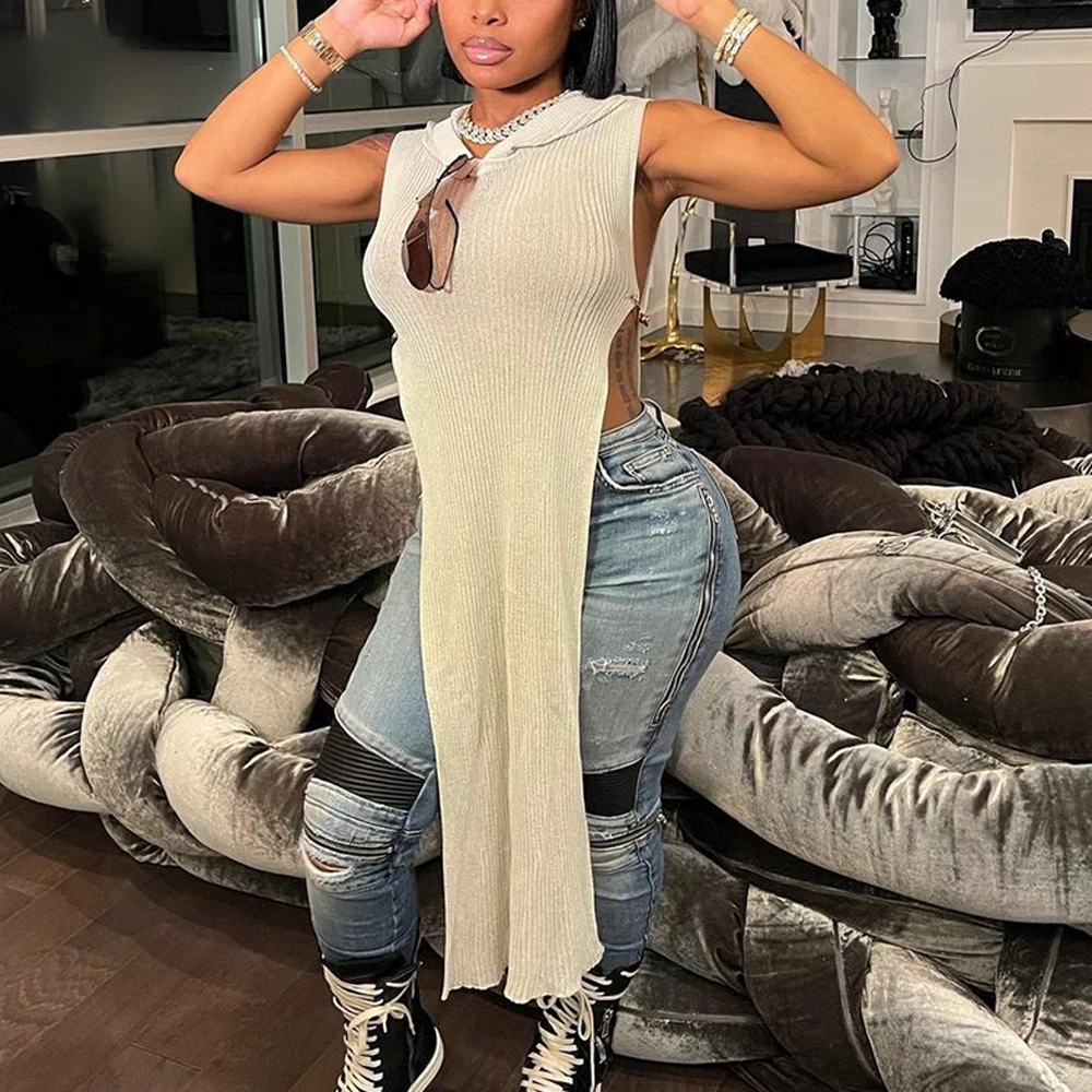 

Women Knitted Split Maxi Hooded Dress Sleeveless Party Club Long Dress Streetwear White 2021 Summer Autumn Clothings Sexy Yuqung