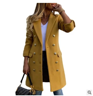 2021 European and American winter women's new double-breasted lapel slim-fit woolen coat women's windbreaker jacket