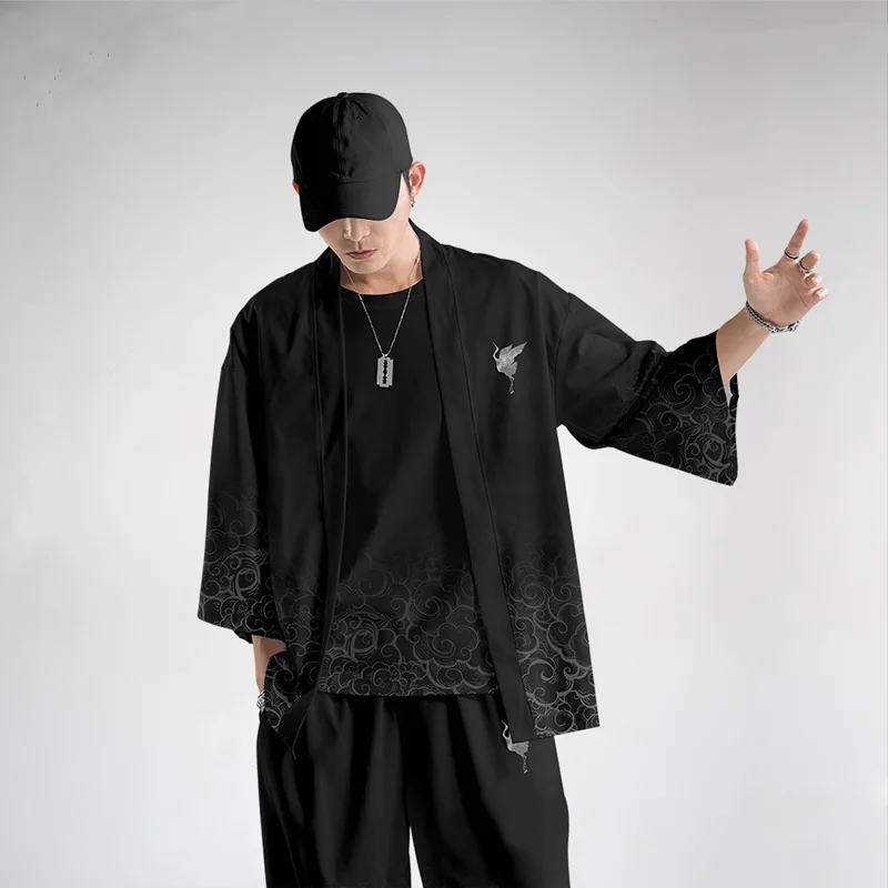 Large Size Kimono Harajuku Print Crane 3d Japanese Cardigan for Men Women Loose Robe 3/4 Sleeves Samurai Costume Streetwear |