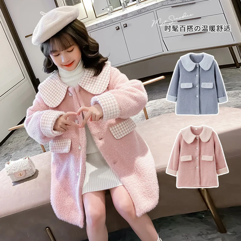 

Girls Woolen Coat Jacket Overcoat 2022 Pink Blue Warm Thicken Plus Velvet Winter Autumn Cotton School Outwear Children's Clothes