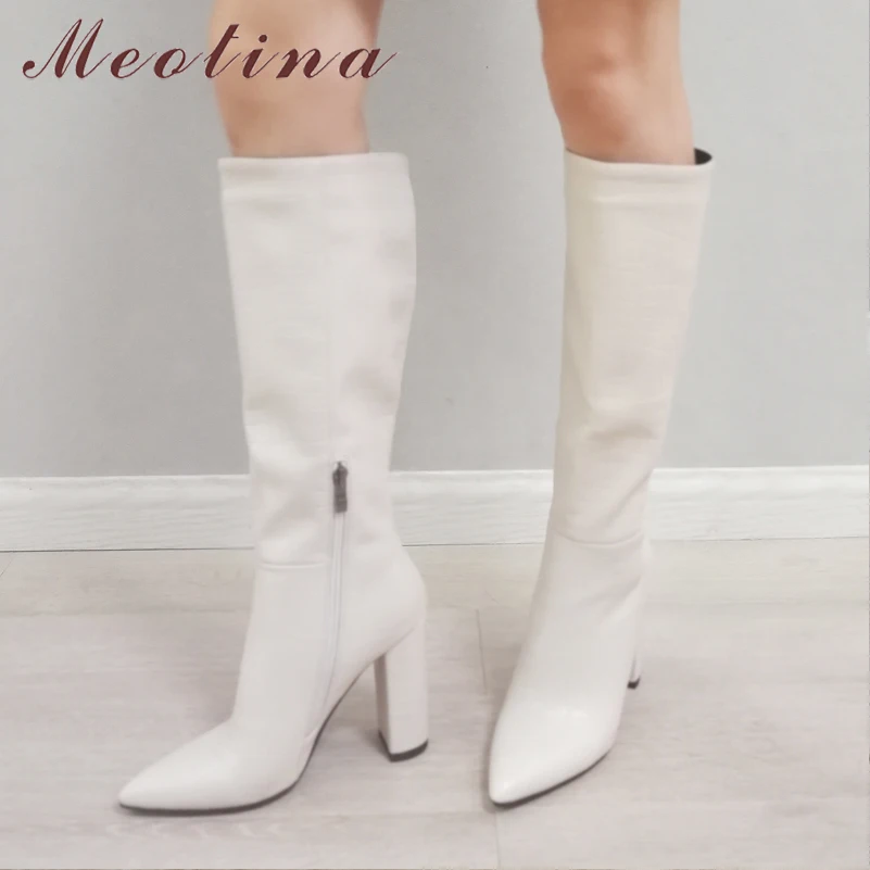 Женские сапоги с острым носком Meotina зимние до колена на толстом каблуке молнии