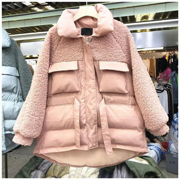 Лоскутное зимнее повседневное пальто с отложным воротником и длинным рукавом