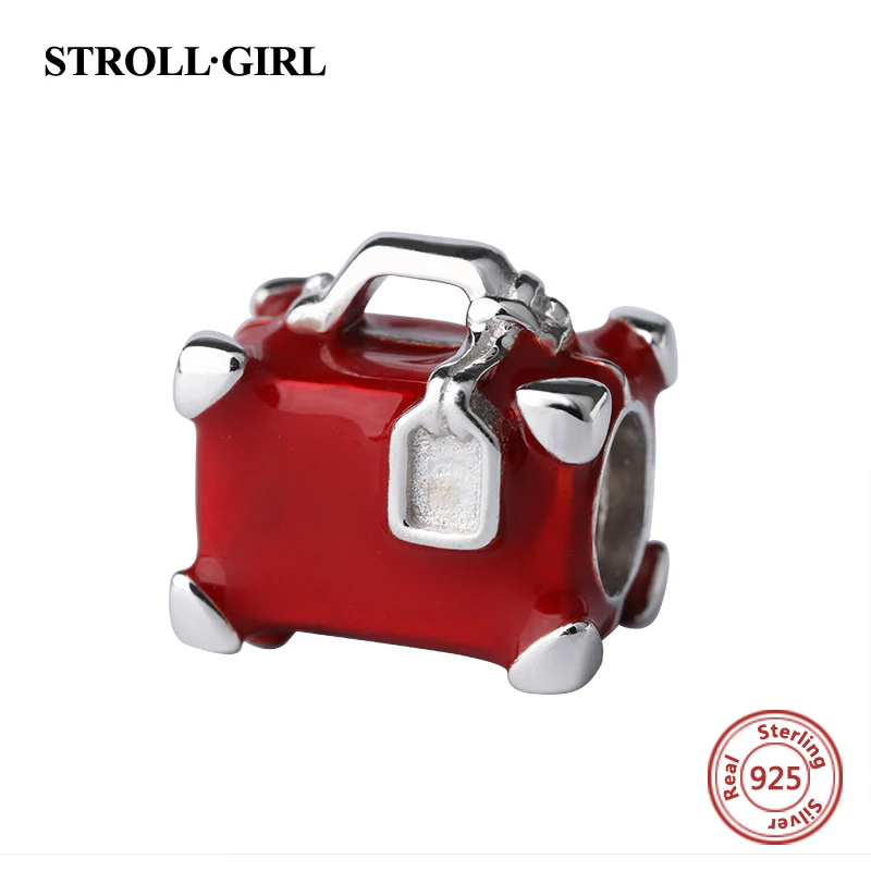 StrollGirl luxury suitcase charms with red enamel 925 silver trunk beads fit original pandora bracelet jewelry making women gift|beads fit|original