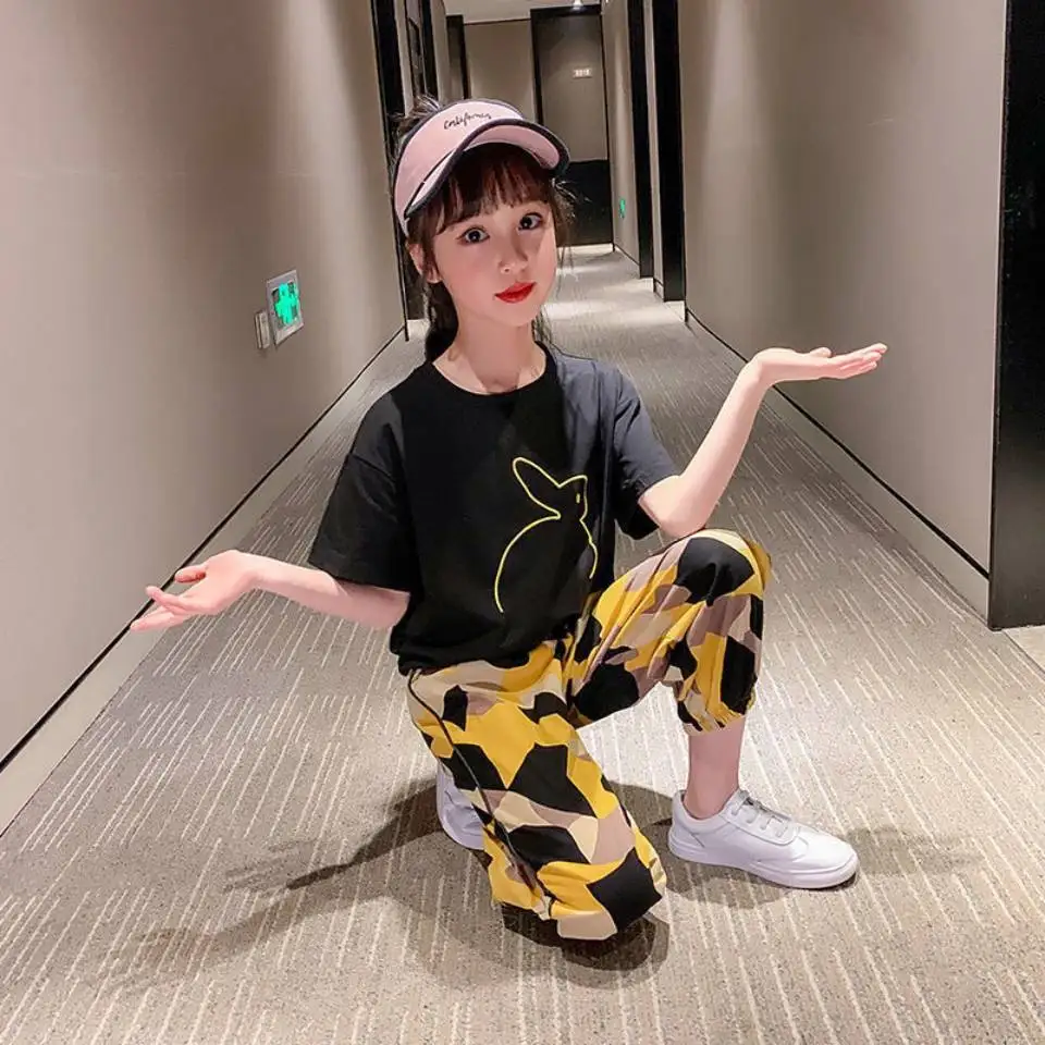 Спортивный костюм для девочек штаны и футболка 2 шт./компл. повседневная одежда