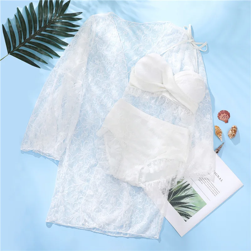 Женский купальник тройка бикини с большой и маленькой грудью собранный длинным