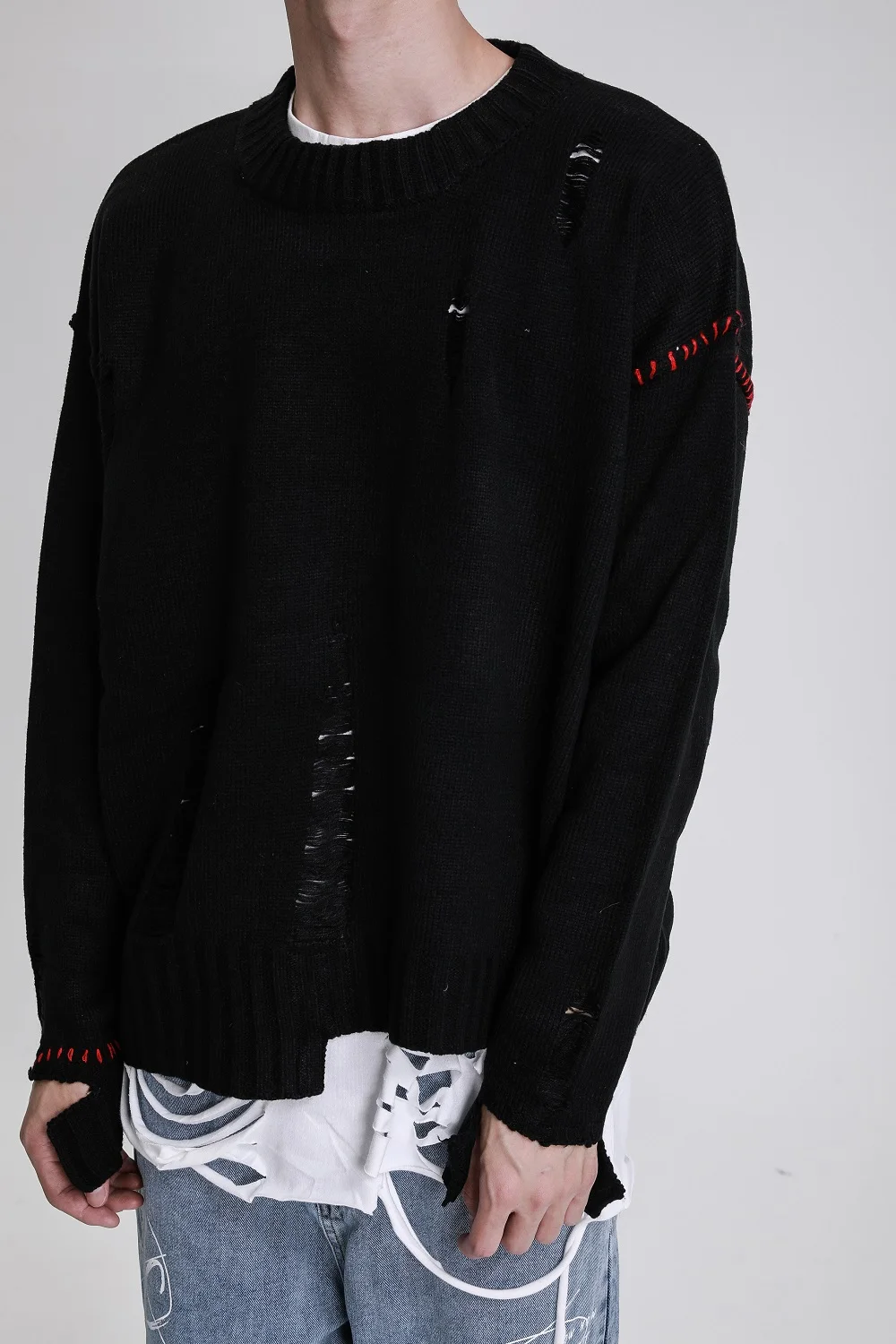 Необычный разрушенный хлопковый черный свитер в стиле хип хоп уличная одежда с