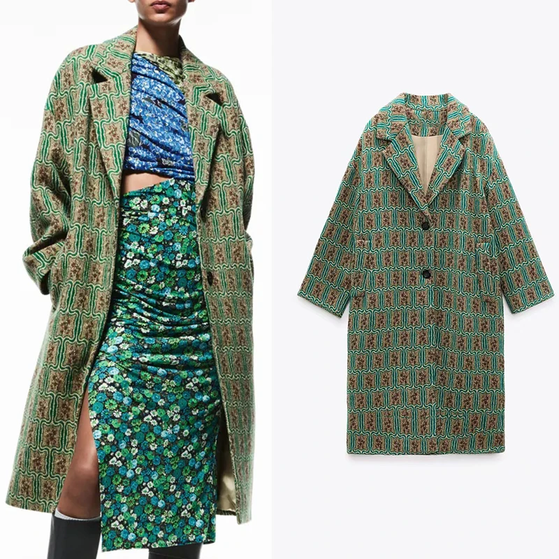 

ZA Women Winter Long Jacquard Woolen Coat 2021 Oversized Pocket Warm Single Breasted Wool OverCoat Plus Size Cold Streetwear