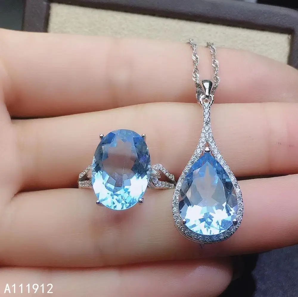 KJJEAXCMY fine jewelry natural blue topaz 925 sterling silver women gemstone pendant necklace ring set support test trendy