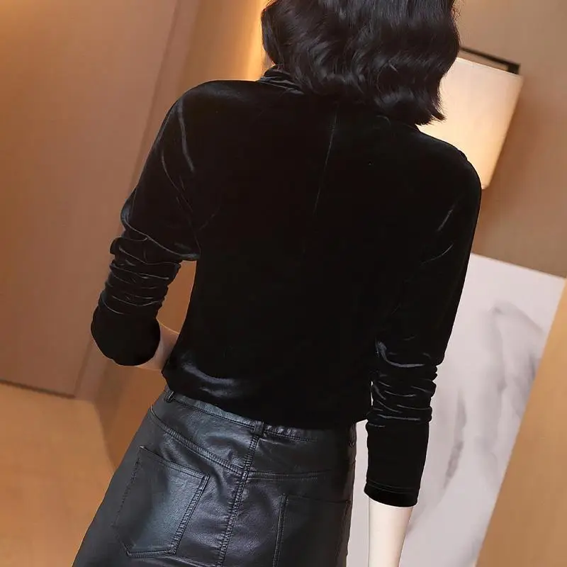 

Gold Velvet Jacket woman 2021 Spring and autumn new rhinestone flower stand collar black undershirt Slim long-sleeved t-shirt fa