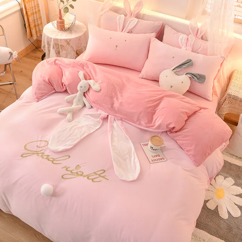 

Luxury Fleece Velvet Lovely Rabbit Ears Bedding Set Warm Flannel Duvet Cover Pillowcases Flat Sheet Twin Queen King Size 3/4 Pcs