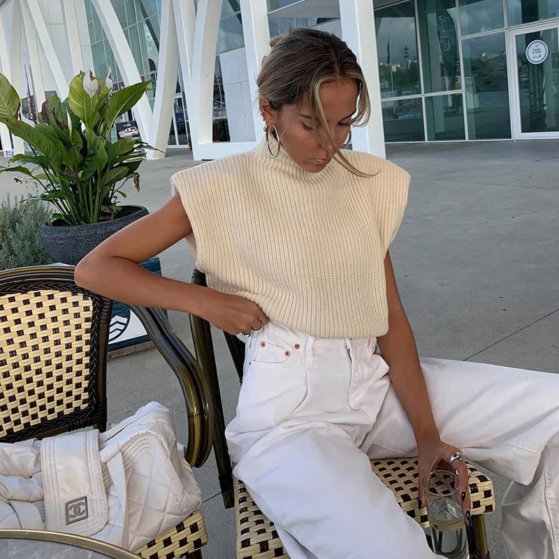 NEW 2020 Women Sleeveless Turtleneck Knitted Top Fashion Solid Color Sweater Fall Winter Stylish Knitwear for Ladies | Женская одежда