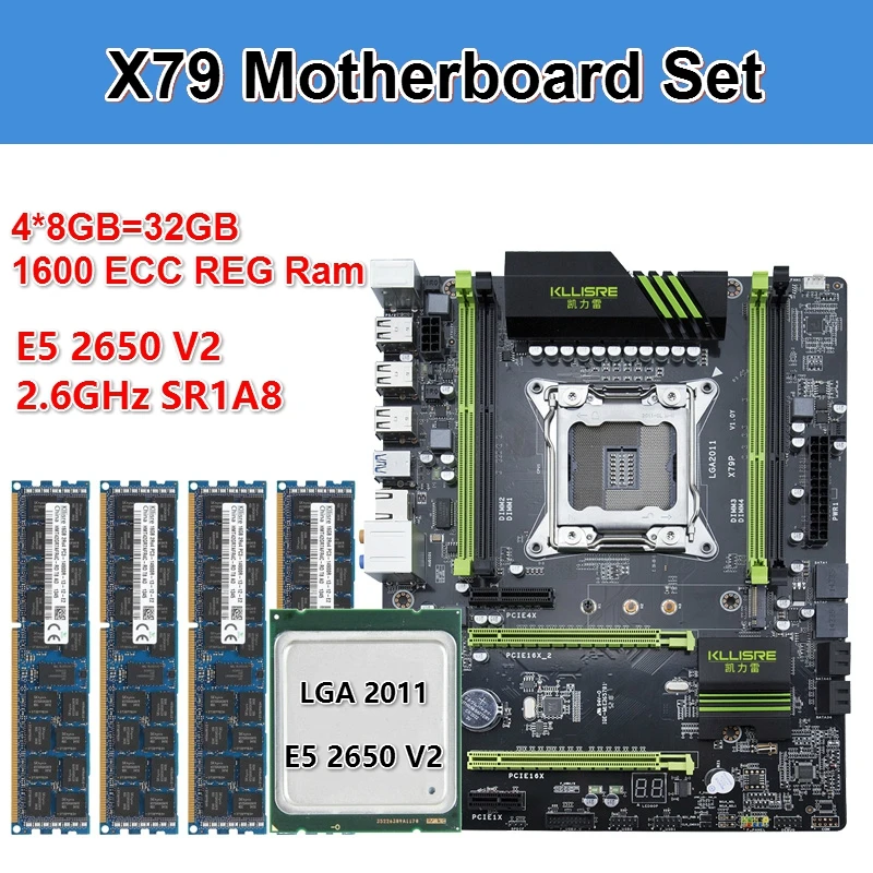Комплект материнской платы Kllisre X79 с Xeon E5 2650 V2 4x8 ГБ = 32 Гб 1600 МГц DDR3 память ECC Reg ATX USB3.0 SATA3 PCI-E NVME M.2 SSD