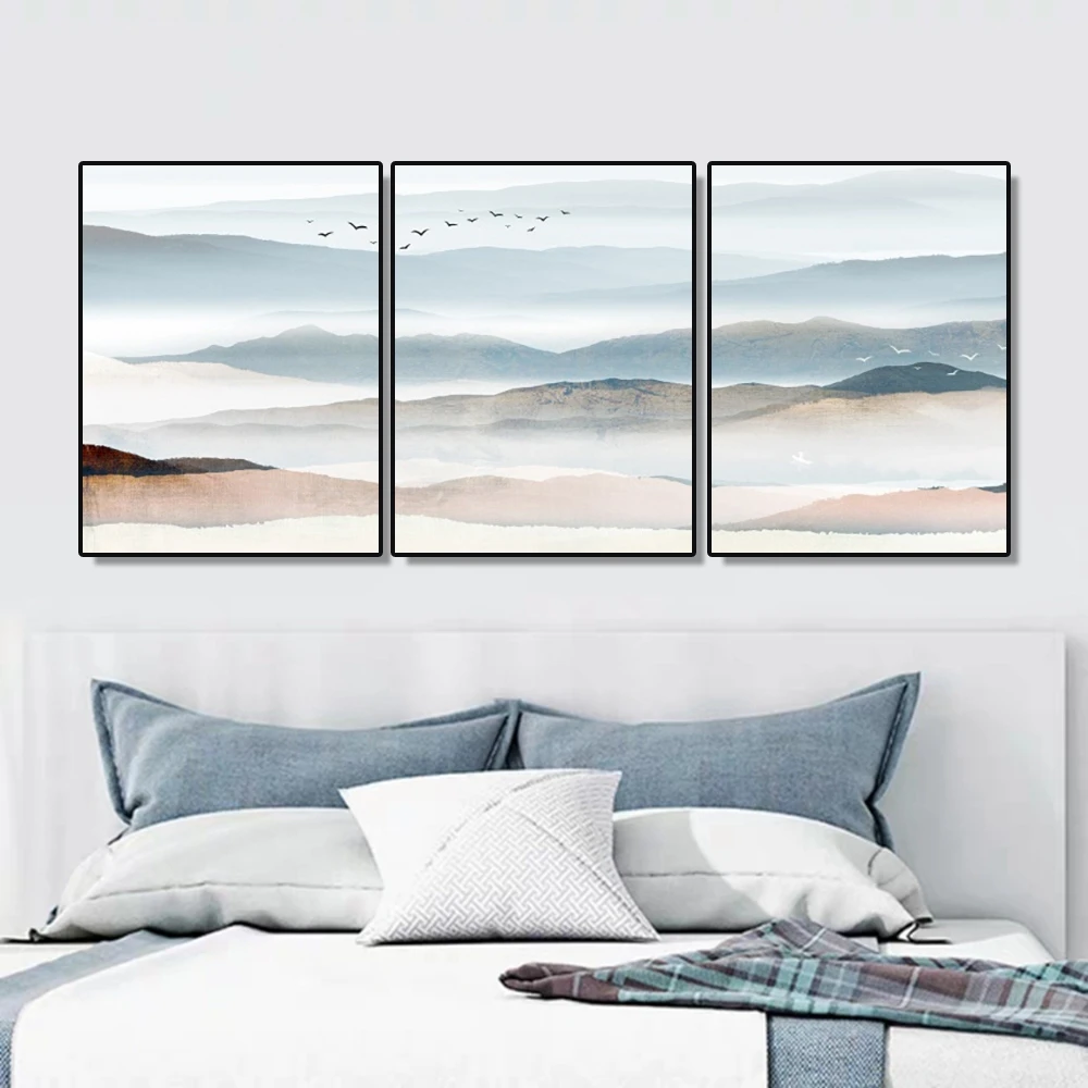 3 Панели холст живопись каллиграфия пейзаж горы плакаты с птицами и принтами