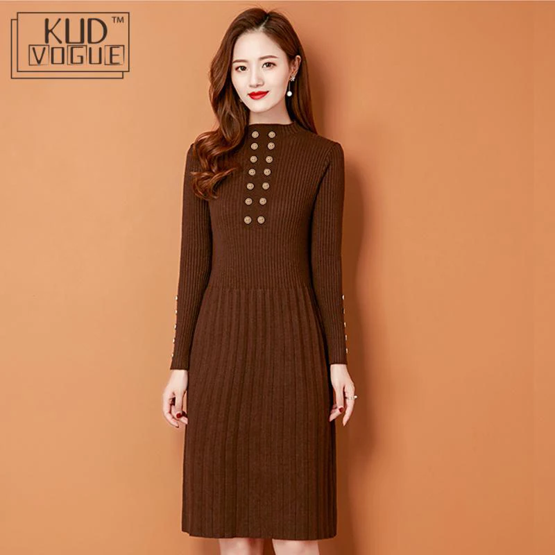 Осенне зимние вязаные платья для женщин приталенное двубортное облегающее