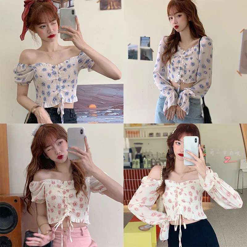 

Woman's Sexy Chiffon Shirts Blusas Mulher Verao Korean Fashion Small Floral Print Square Collar Sweet Pleated Short Tops