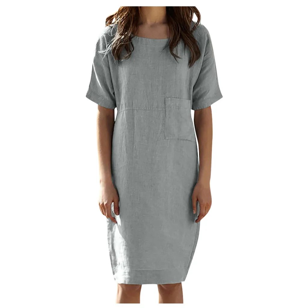 

Womens Summer Dress Short Sleeve Linen Casual Dresses Loose A-line Party Sundress Pocket Dress