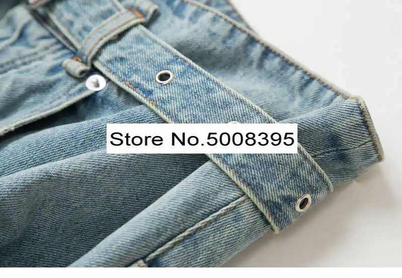 

2021 Woman Retro Blue Denim Jeans High Waist with Buckle Belt SIDE POCKETS FASHION WASHED Trousers