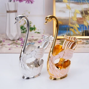 6pcs Tableware Spoon+Swan Shaped Base For Dessert Coffee Home Decoration Gold /Silver Tableware Kitchen Tools Accessories