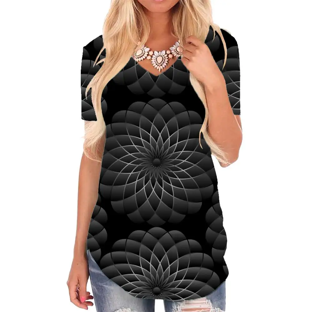 Женская футболка с рисунком животных V-образным вырезом и перьями