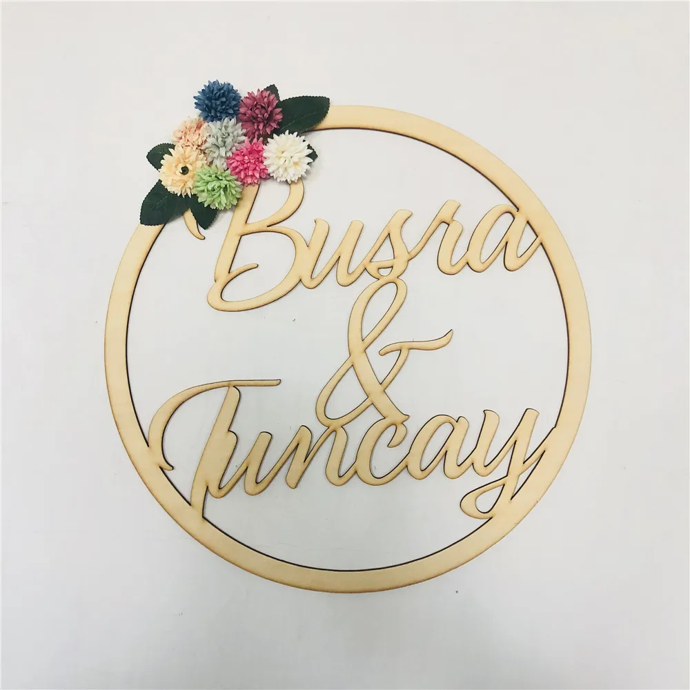 Custom Wreath Wooden Wedding Circle Hanging Personalized Couples Name Flower Sign Romantic Wooden Marriage Party Decorations