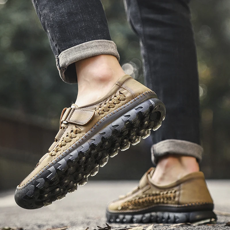 

Leisure Handmade Genuine Leather Men Flat Loafers Sneakers Breathable Air Mesh Outdoor Sport Shoes Cushion Walking Shoes