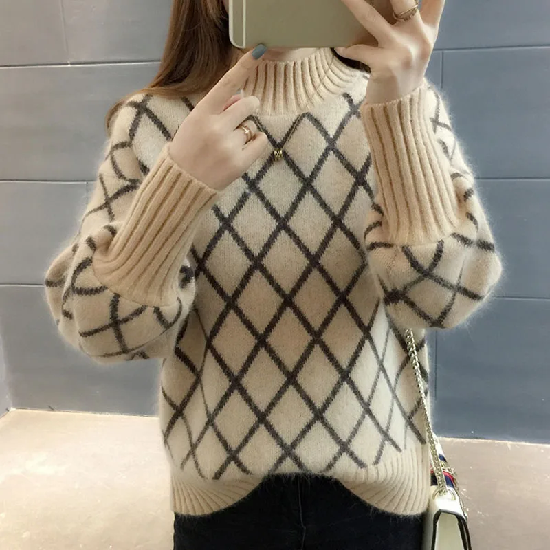 

Женский свитер-водолазка в клетку, повседневный трикотажный свитер из искусственного кашемира в Корейском стиле на осень, 2022